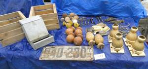 lot 177 image: Vintage furniture hardware, license plate, old steel feeder and wood boxes