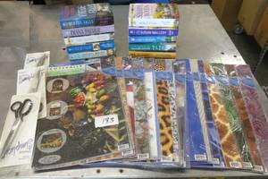 lot 183 image: Group of 10 books, 3 new pair of scissors, and a lot of peel and stick picturesbackgrounds