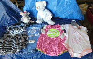 lot 188 image: 4 Onesies and a couple of stuffed animals