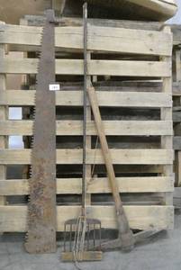 lot 197 image: Fishing Spear, old saw blade and a pick axe