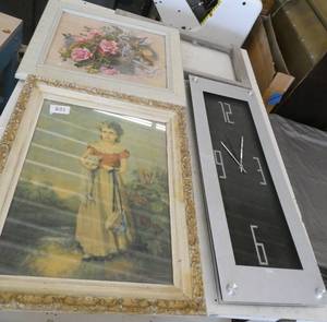 lot 201 image: 2 Vintage prints and frames, clock and old 13x21 window for your craft project
