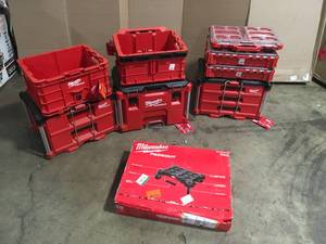 Lot of Assorted Milwaukee Packout Tool Boxes and Hardware Customer Returns See Terms on Auction