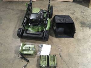 Green Machine 62V Brushless 22 in. Electric Cordless Battery Self- Propelled Lawn Mower with 2 4.0 Ah Batteries and Charger  Customer Returns See Terms on Auction