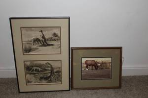 Lot of (2) Dinosaurs, Reindeer Framed Wall Art