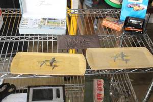lot 124 image: (2) Hasko Wildlife Wooden Serving Trays, (1) Mens Leather Wallet