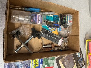 box of misc   gun cleaning   analog tester