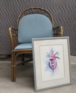 lot 35 image: MID CENTURY BAMBOO  RATTAN LOUNGE CHAIR  VINTAGE PRINT