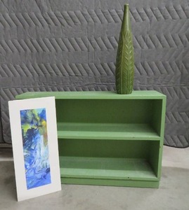 lot 38 image: WOOD SHELF WITH TALL VASE AND PRINT