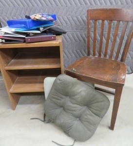 lot 73 image: SOLID WOOD CHAIR  SHELF WITH BINDERS