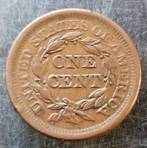 1855 US BRAIDED HAIR LARGE CENT XF