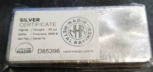 10 TROY OZ .999 FINE SILVER BAR SEALED NADIR