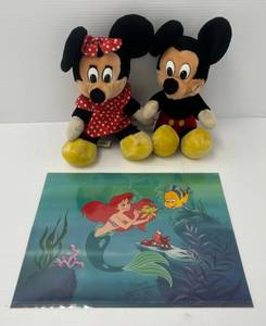 Group Including Vintage Mickey Mouse  & Minnie Mouse Plush Toys And Little Mermaid Poster Autographed By Disney Artist Ron Dias