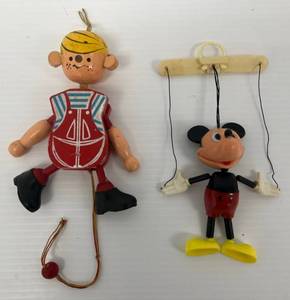 Two Vintage Puppets One Dennis The Menace Wooden And Walt Disney Mickey Mouse Plastic Puppet