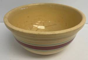 Large McCoy Number 14 Oven Ware Pink And Blue Banded Bowl (Has Cracks In Bottom)