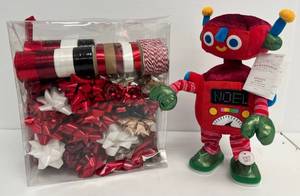 Group Including Dancing Singing Christmas Robot&nbsp (Noel) And Box Misc. Ribbons And Bows