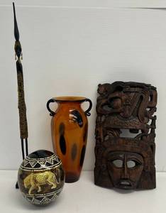 Group Of African Dcor Including Painted Ostrich Egg, Hand Carved Wooden Mask And More