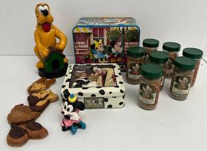 Group Of Misc. Disney Items Including Pluto Bank, Mickey Mouse Seasonings And More (Tins Are Empty)Minnie Has Chip On Ear