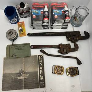 Group Of Misc. Items Including Wards Fly Reel, Belt Buckles, Pipe Wrenches And More