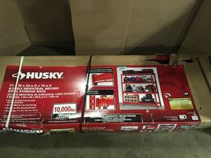 lot 15 image: Husky 4-Tier Heavy Duty Industrial Welded Steel Garage Storage Shelving Unit in Red (77 in. W x 78 in. H x 24 in. D) Customer Returns See Terms on Auction