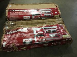 lot 30 image: Lot of 3 Assorted Husky 3-Tier Heavy Duty Industrial Welded Steel Garage Storage Shelving Unit in Red (65 in. W x 54 in. H x 24 in. D) Customer Returns See Pictures
