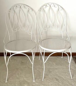 White Metal Table with a Glass Top and 2 Ornate Chairs