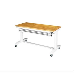 lot 49 image: Husky 52 in. W x 24 in. D Steel 2-Drawer Adjustable Height Solid Wood Top Workbench Table in White