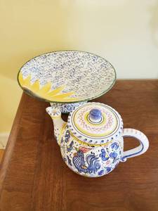 Pottery Teapot And Fruit Dish