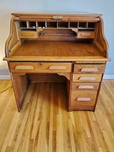 Wooden Rolltop Desk And Wooden Chair