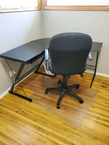 Desk, Chair, Floormat, And Waste Basket
