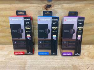 lot 24 image: MONSTER Lot of 3-  6ft High Speed 4K Hdr Hdmi Cable with Built-in Led Light (1 Red, 1 Blue & 1 Purple)