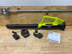 lot 56 image: RYOBI ONE 18V 90 MPH 200 CFM Cordless Battery Leaf BlowerSweeper with 2.0 Ah Battery and Charger