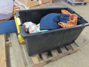 black tote full of blankets ...