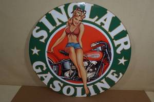 lot 88 image: Vintage Look Sinclair Gasoline Pop Up Girl Metal Sign - Harley