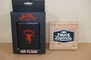 lot 104 image: Fireball Whisky Hip Flask and Chevy Truck Legends Coasters