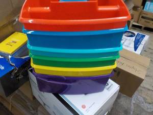 lot 73 image: 6 Assorted Colors Storex Totes...