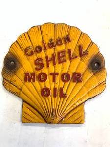 Cast Iron Golden Shell Motor Oil Sign Plaque 7 Inches Tall