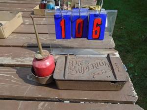 lot 106 image: Cast iron international tool box with oil can slot & can. As shown.