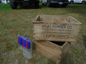 lot 112 image: Qty of 2 wood crates. 1 Atlas power co high explosives. As shown.