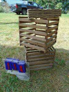 lot 114 image: Qty of 2 vintage egg crates with cardboard inserts. Owasso mfg printed on slats. As shown.