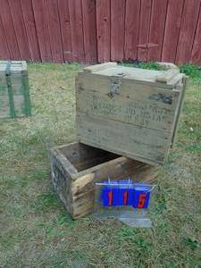 lot 115 image: Qty of 2 wood boxes 1 looks like ammo box. As shown.