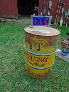 lot 116 image: 55 gal century spray unt barrel empty. Nice label. As shown.