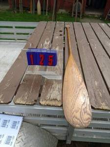 lot 125 image: Old town wood paddle for display. Has been repaired but great sticker. As shown.