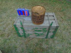 lot 129 image: Wood box with metal handles & straps with ball of twine. As shown.