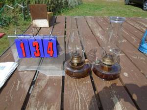 lot 134 image: Qty of 2 old oil lamps for wall brackets. Very nice shape. As shown.