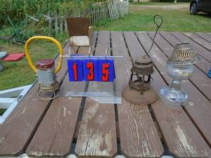lot 135 image: Qty of 3 old lampslanterns. 1 is Dietz. As shown.