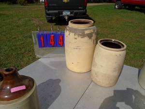 lot 144 image: Qty of 2 stoneware jugs . 1 marke weymans snuff. Nice shape. As shown.