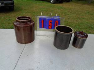lot 150 image: Qty of 2 stoneware crocks. 1 butter & 1 cheese. As shown.
