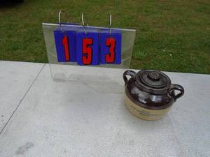 lot 153 image: Stoneware xlnt bean pot with lid. Very nice shape. As shown.