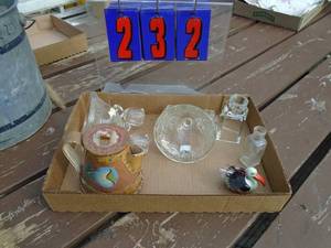 lot 232 image: Flat of assorted glass figures & candle holder. As shown.