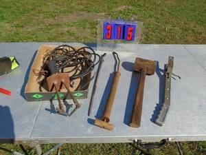 lot 315 image: Flat of wooden mallet & carbon arc brass air pump & rachet. As shown.